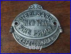 Antique Very Rare Solid Plaque Steel Safe New York Fire Proof Perfeccionada Sign