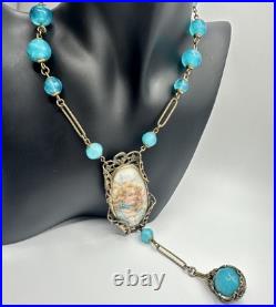 Antique Victorian BF & Co. Blue Glass Woman Necklace 36 Signed VERY RARE READ