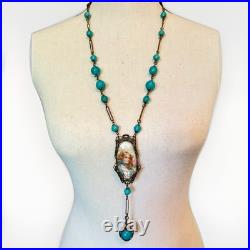 Antique Victorian BF & Co. Blue Glass Woman Necklace 36 Signed VERY RARE READ