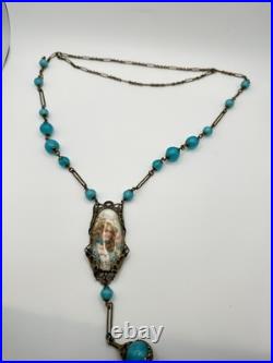 Antique Victorian BF & Co. Blue Glass Woman Necklace 36 Signed VERY RARE READ