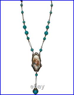 Antique Victorian BF & Co. Blue Glass Woman Necklace 36 Signed VERY RARE READ