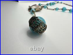 Antique Victorian BF & Co. Blue Glass Woman Necklace 36 Signed VERY RARE READ