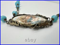 Antique Victorian BF & Co. Blue Glass Woman Necklace 36 Signed VERY RARE READ