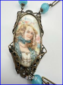 Antique Victorian BF & Co. Blue Glass Woman Necklace 36 Signed VERY RARE READ