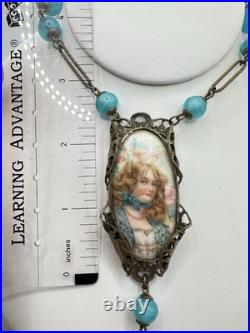 Antique Victorian BF & Co. Blue Glass Woman Necklace 36 Signed VERY RARE READ