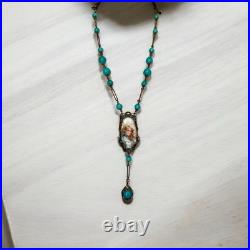 Antique Victorian BF & Co. Blue Glass Woman Necklace 36 Signed VERY RARE READ