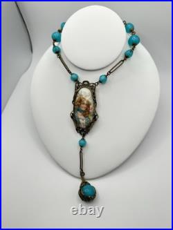 Antique Victorian BF & Co. Blue Glass Woman Necklace 36 Signed VERY RARE READ
