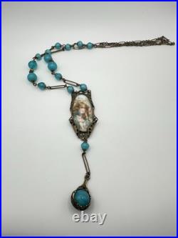 Antique Victorian BF & Co. Blue Glass Woman Necklace 36 Signed VERY RARE READ