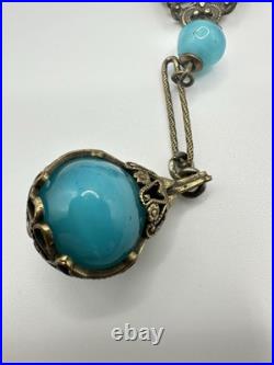 Antique Victorian BF & Co. Blue Glass Woman Necklace 36 Signed VERY RARE READ