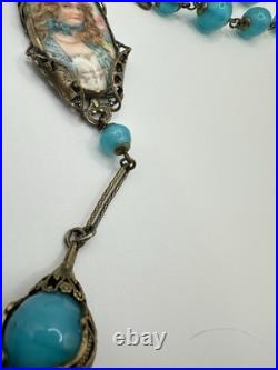 Antique Victorian BF & Co. Blue Glass Woman Necklace 36 Signed VERY RARE READ
