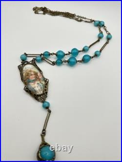Antique Victorian BF & Co. Blue Glass Woman Necklace 36 Signed VERY RARE READ