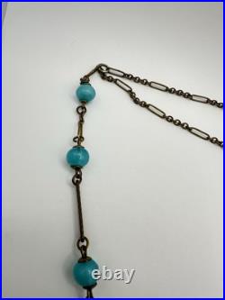 Antique Victorian BF & Co. Blue Glass Woman Necklace 36 Signed VERY RARE READ