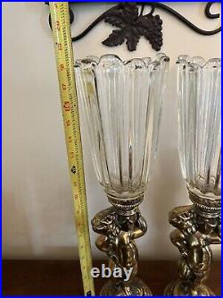 Antique Vintage Brass Boys Holding Glass Vase. Great Condition Very Rare Lot (2)