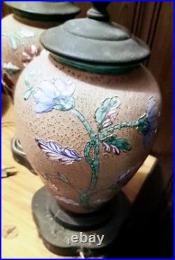 Antique handpainted Enameled Ginger Jar/Mud Lamp With Brass Base Very Rare