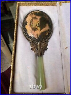 Antique very Rare Vanity Hand Mirror Green Porcelain and Brass Rare piece