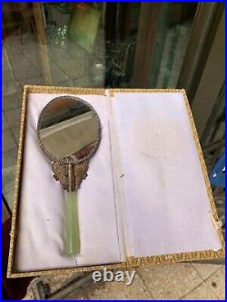 Antique very Rare Vanity Hand Mirror Green Porcelain and Brass Rare piece
