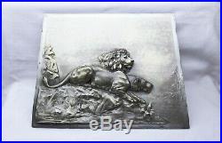 Antique very rare silver plated WMF relief plaque of lion & lioness, circa 1900