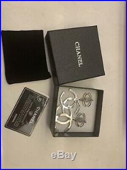 Authentic Chanel Classic CC Logo Crystal Silver Tone Earrings Studs VERY RARE