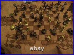 Awesome Vintage Brass African Folk Art Chess Set On Hide Signed Very Rare