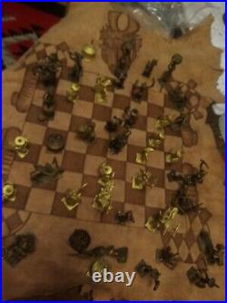 Awesome Vintage Brass African Folk Art Chess Set On Hide Signed Very Rare