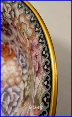 Beautiful Chinese Brass Cloisonne Bowl Bird & Flowers VERY LARGE Rare Size Mint