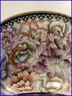 Beautiful Chinese Brass Cloisonne Bowl Bird & Flowers VERY LARGE Rare Size Mint