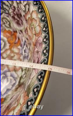 Beautiful Chinese Brass Cloisonne Bowl Bird & Flowers VERY LARGE Rare Size Mint