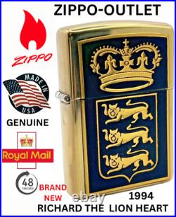 Brand New 1994 ZIPPO Lighter Very Rare RICHARD THE LION HEART Emblem Solid Brass