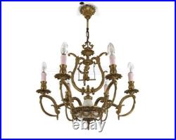 Brass Chandelier Marble Cupid Putti on swing 6 lights arm vintage very rare