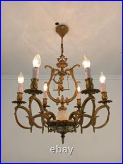 Brass Chandelier Marble Cupid Putti on swing 6 lights arm vintage very rare