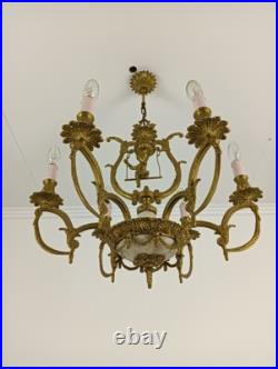 Brass Chandelier Marble Cupid Putti on swing 6 lights arm vintage very rare
