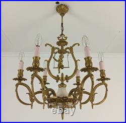 Brass Chandelier Marble Cupid Putti on swing 6 lights arm vintage very rare