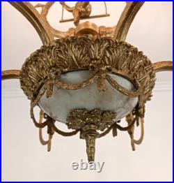 Brass Chandelier Marble Cupid Putti on swing 6 lights arm vintage very rare