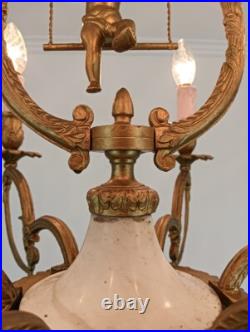 Brass Chandelier Marble Cupid Putti on swing 6 lights arm vintage very rare