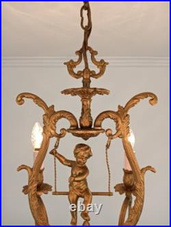 Brass Chandelier Marble Cupid Putti on swing 6 lights arm vintage very rare