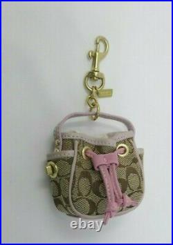 Coach Drawstring Signature C Khaki Pink Mini Bag Charm key fob brass Very Rare