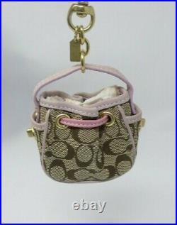 Coach Drawstring Signature C Khaki Pink Mini Bag Charm key fob brass Very Rare
