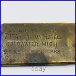 Coldwater Michigan Arlington Hotel Antique Brass Baggage Tag 1905 Era Very Rare