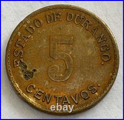 Durango Mexico 1914 5 Five Centavos Brass Super Rare Very Nice Condition GMo