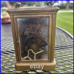 FRENCH ANTIQUE BRASS & BEVELED GLASS CARRIAGE CLOCK VERY RARE For Repair Key
