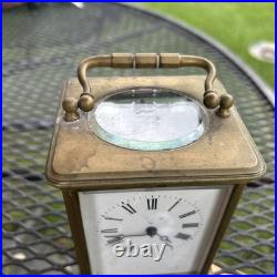 FRENCH ANTIQUE BRASS & BEVELED GLASS CARRIAGE CLOCK VERY RARE For Repair Key