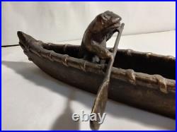 Frog Paddling A Canoe Statue. Very Rare. Bronze Or Brass. Heavy
