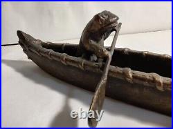 Frog Paddling A Canoe Statue. Very Rare. Bronze Or Brass. Heavy