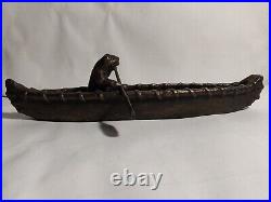 Frog Paddling A Canoe Statue. Very Rare. Bronze Or Brass. Heavy