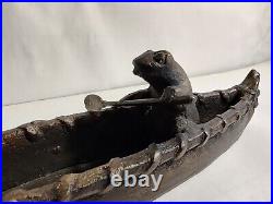 Frog Paddling A Canoe Statue. Very Rare. Bronze Or Brass. Heavy