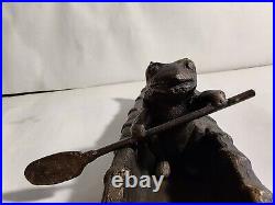 Frog Paddling A Canoe Statue. Very Rare. Bronze Or Brass. Heavy