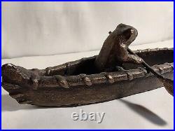 Frog Paddling A Canoe Statue. Very Rare. Bronze Or Brass. Heavy