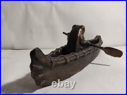 Frog Paddling A Canoe Statue. Very Rare. Bronze Or Brass. Heavy