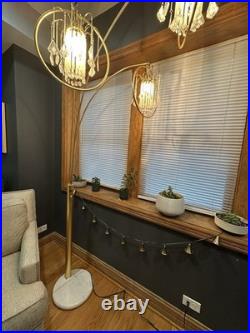 Hollywood Regency MCM Brass/Marble Crystal Arc Chandelier Floor Lamp VERY RARE