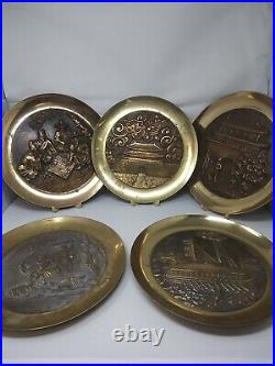 LOT OF 5 Vintage Brass Charger Wall Hanger Plates 13 VERY HEAVY RARE FIND! (DE)